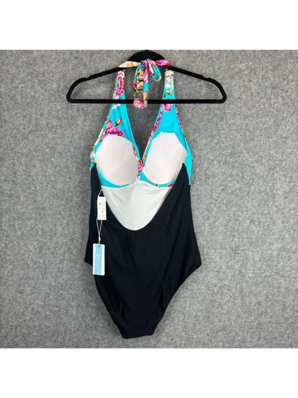 Cupshe Floral Halter Womens XL One-Piece Swimsuit Black & Blue w Rose Print NEW
